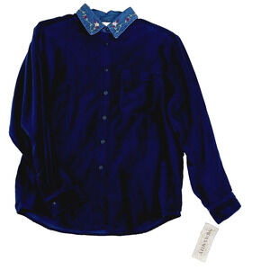 Blouse Blue Velour Feel Embroidered Bloomcore Whimsycore Cottagecore NWT Size M